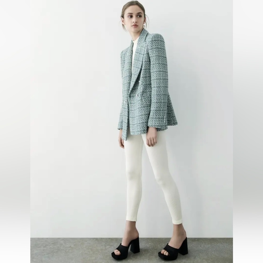 ZARA BUTTONED TEXTURED WEAVE BLAZER  GREE/BLUE SIZE S NEW - Picture 7 of 11